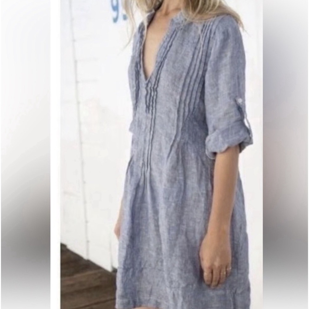 CP Shades Tunic Dress Lagenlook XS Blue Regina Roll Sleeve Boho Pintuck Chambray